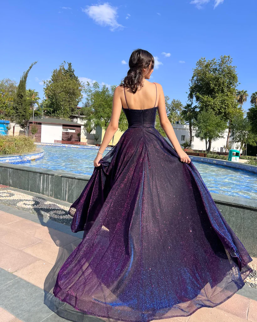 Elegant Spaghetti Straps A-Line Tulle Long Prom Dresses fg4967