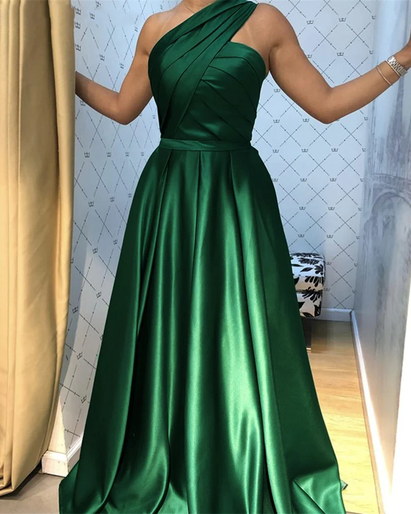 One Shoulder A Line Satin Emerald Green Formal Evening Dress,Prom Party Long Gown fg4028