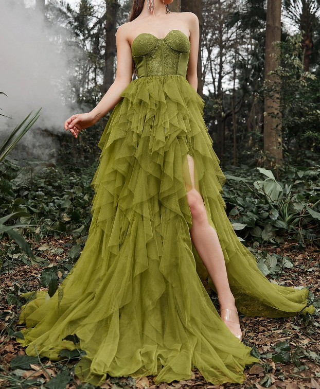 Elegant Lace Bodice Split Ruffle Layered Prom Dress fg6161