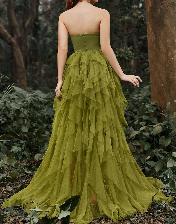 Elegant Lace Bodice Split Ruffle Layered Prom Dress fg6161