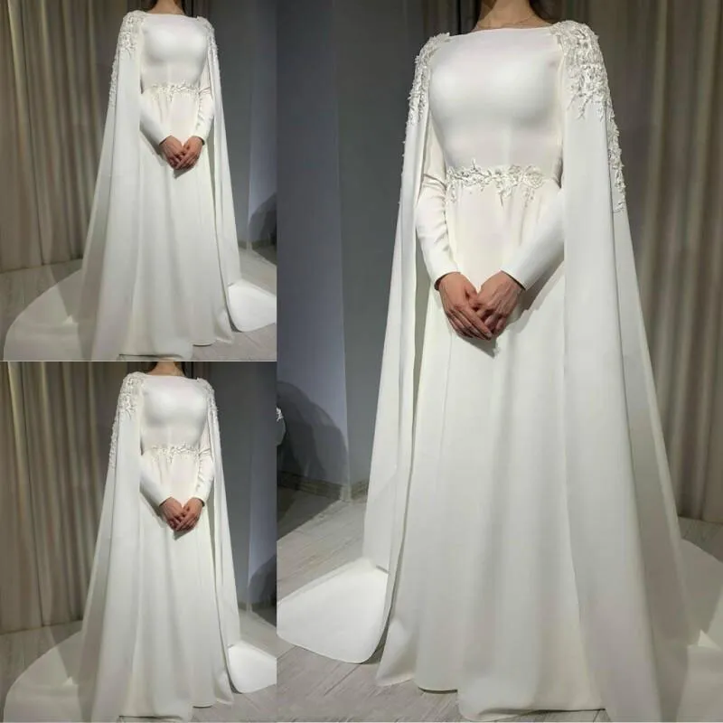 Muslim Wedding Dress with Cape Long Sleeves Beading Plus Size Satin Bridal Gowns fg6020