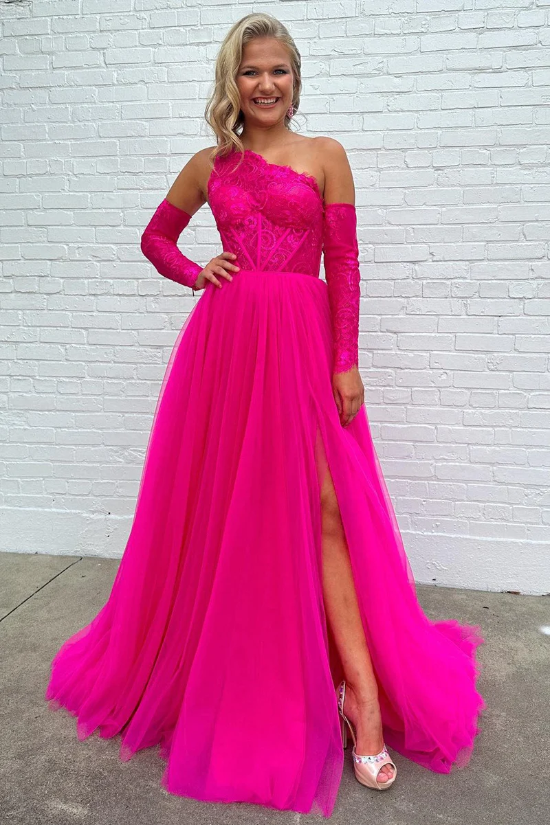 A-line One Shoulder Lace Tulle Prom Dress with Slit fg4741
