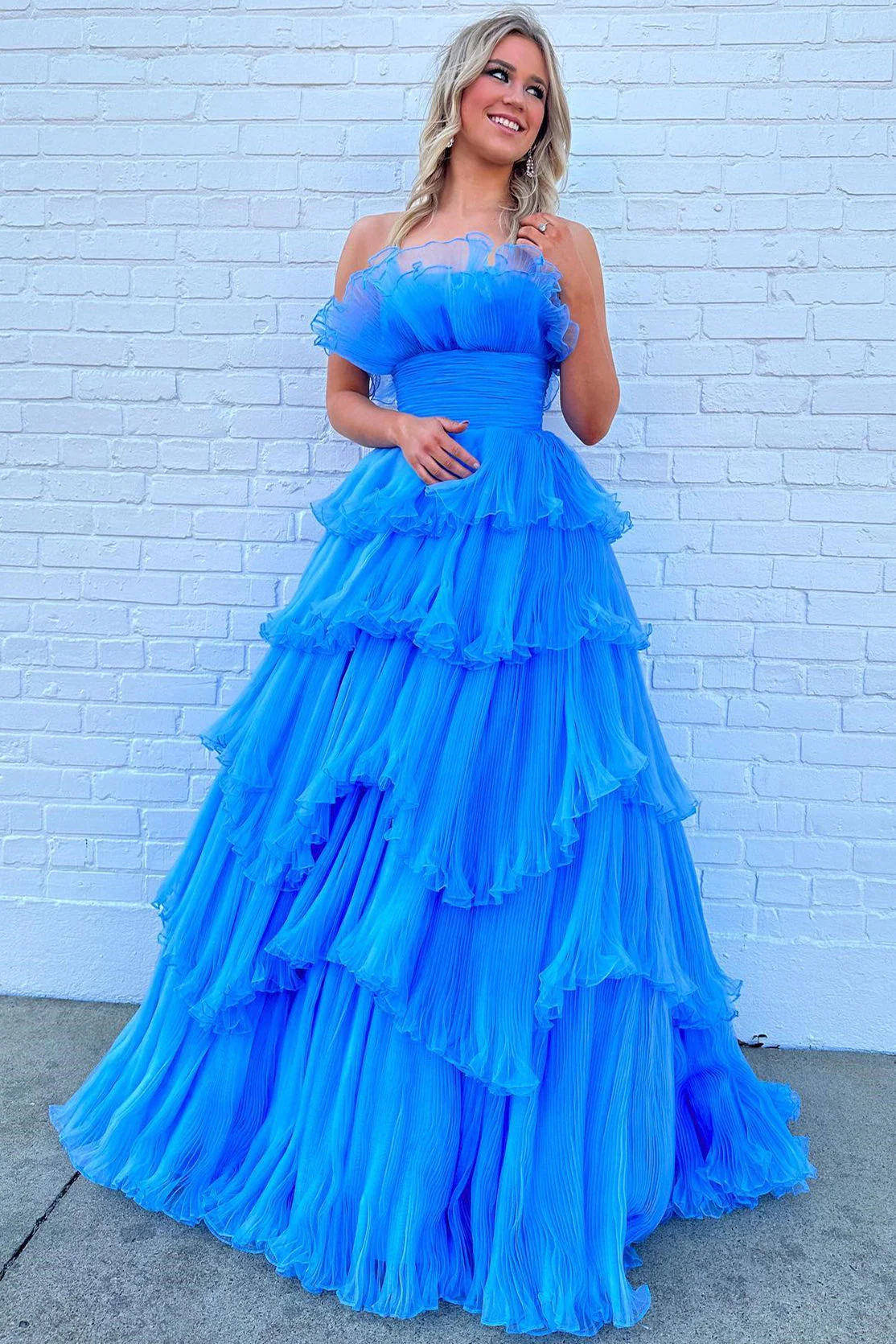 A-line Off-the-Shoulder Pink Ruffle Layers Tulle Long Prom Dress fg3628