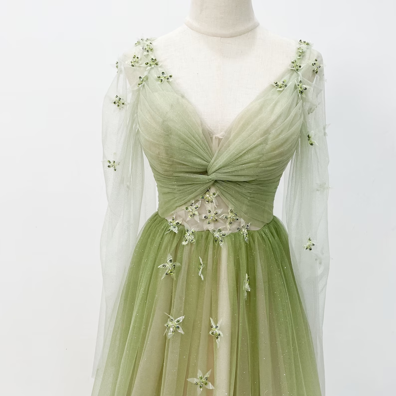 A-line Gradient Green Prom Gown, Soft Glitter Tulle Party Dress fg4554