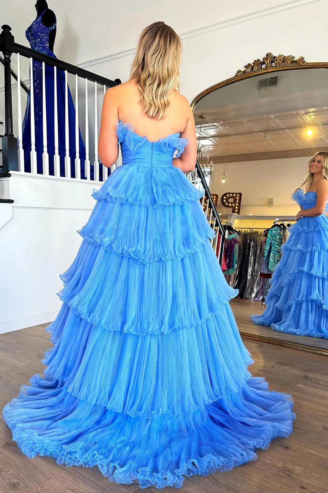 A-line Off-the-Shoulder Pink Ruffle Layers Tulle Long Prom Dress fg3628