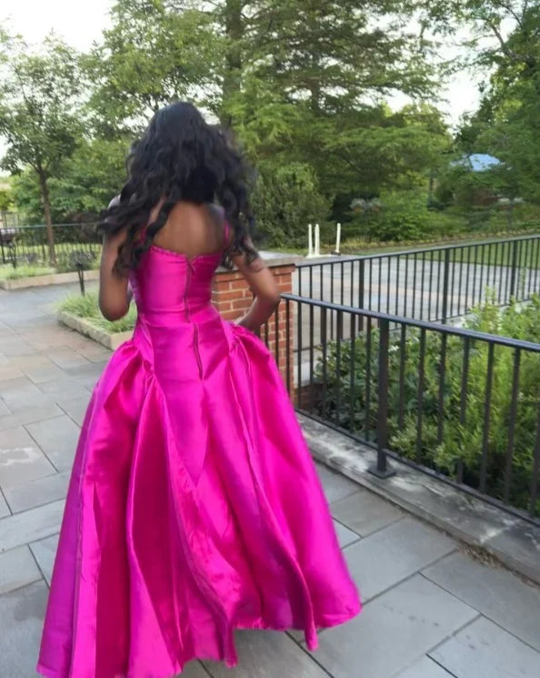 Fuchsia Spaghetti Straps A-Line Satin Long Formal Party Dress fg7476