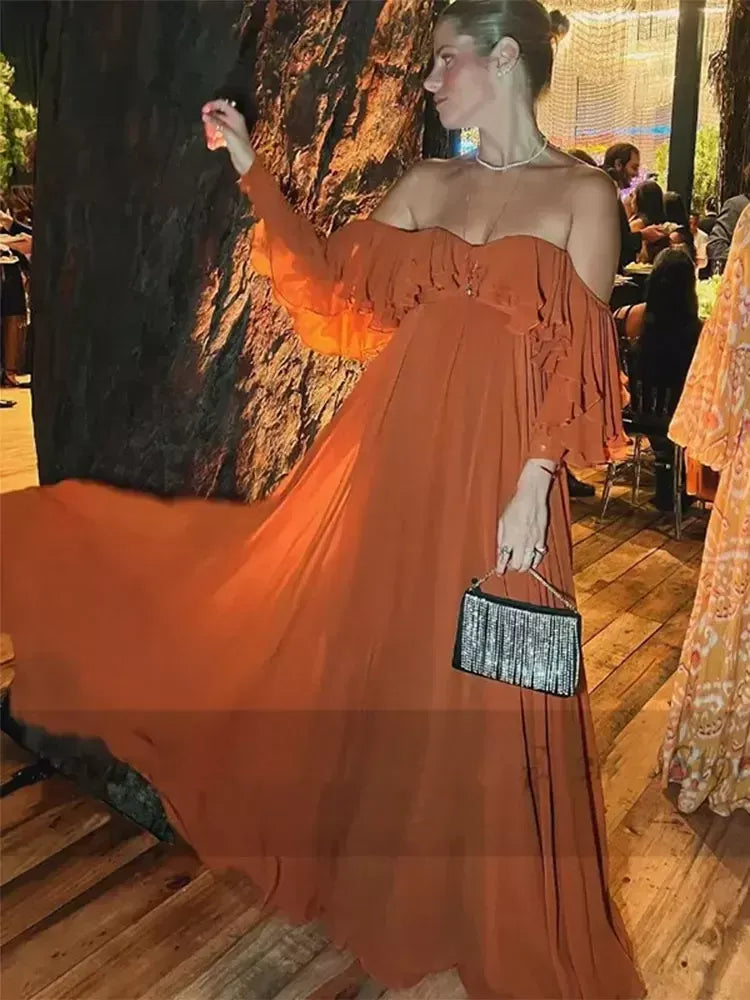 Classic Chiffon Evening Dresses Ruffles A Line Long Prom Gowns fg7465