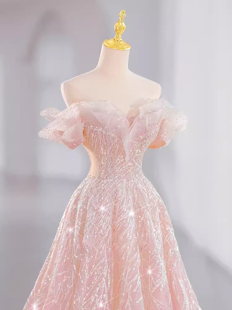 A line Off The Shoulder Pink Sequin Long Evening Dress Prom Dress fg8583