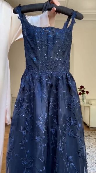 Blue A Line Lace Appliques Prom Dress Elegant Evening Gown fg8512