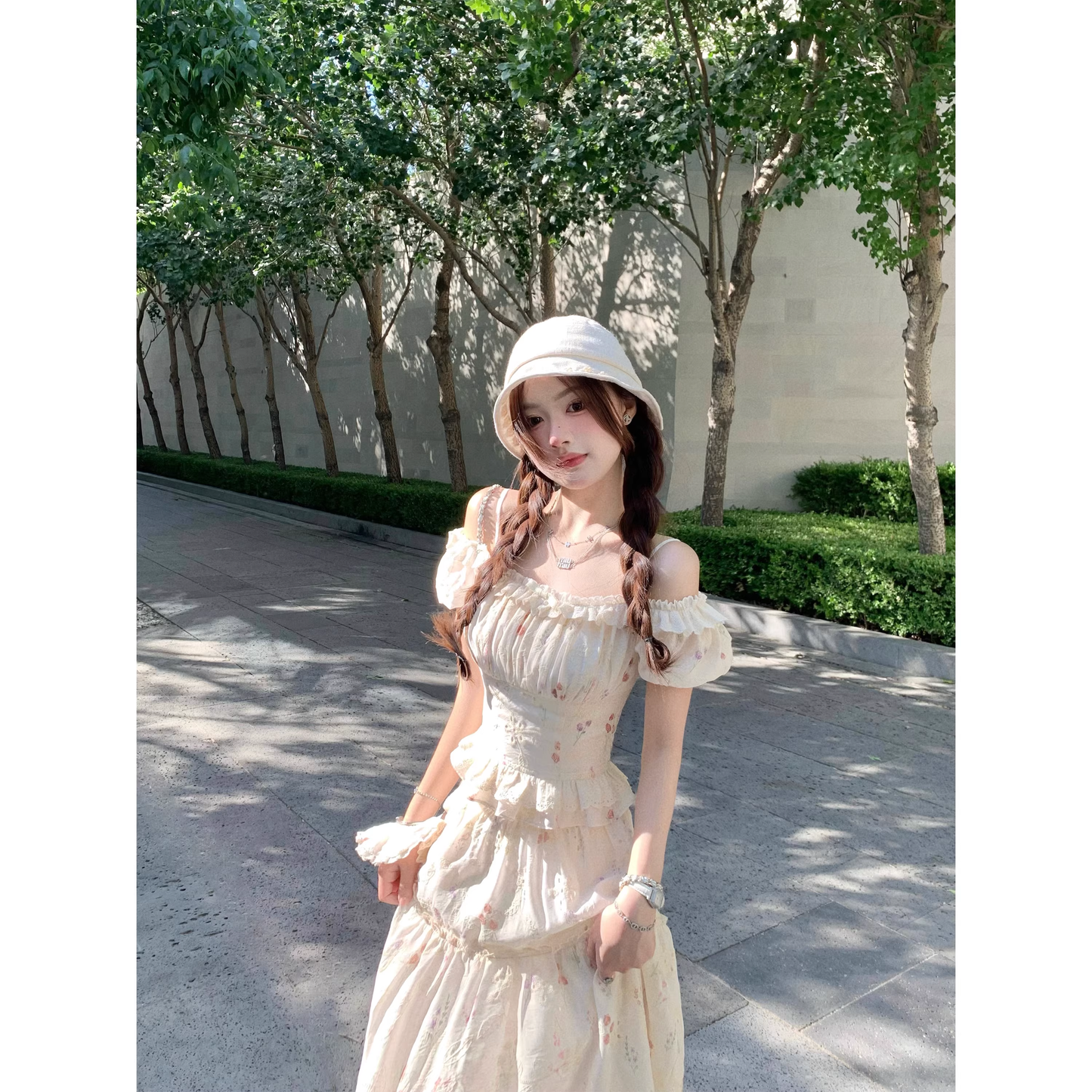 Exquisite floral print top and long skirt set for women A87