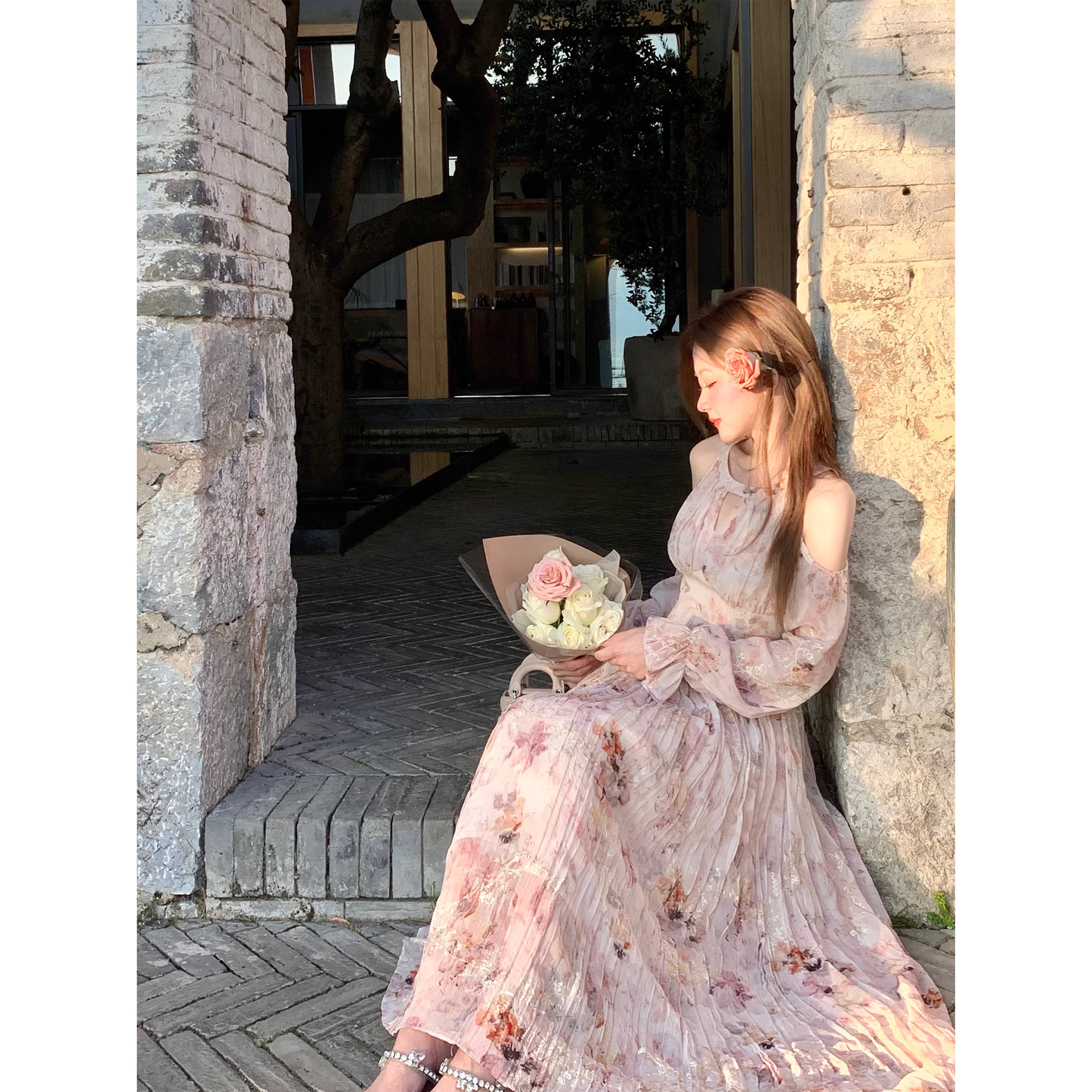 French floral off-shoulder long dress fairy dress A88