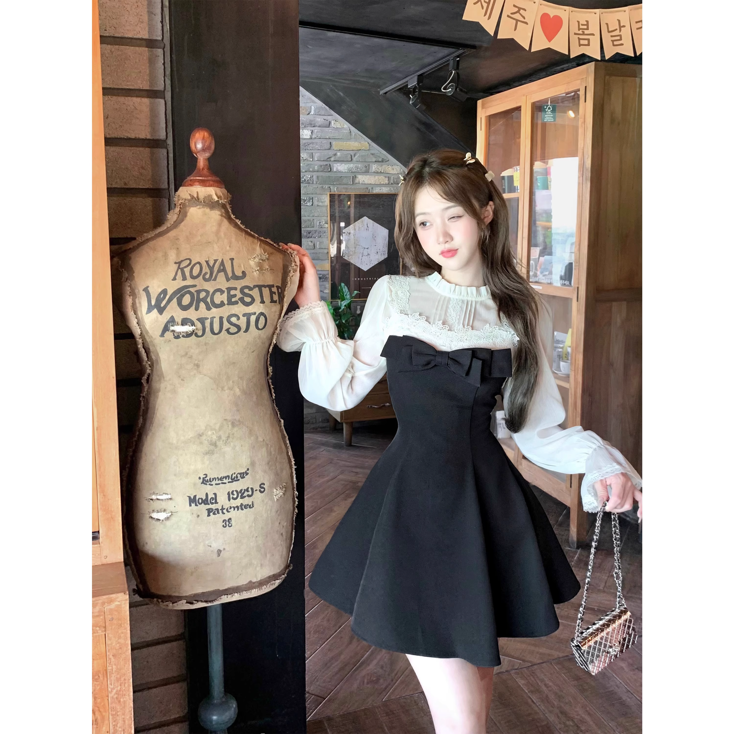 Lace little black dress and shirt two-piece set A91