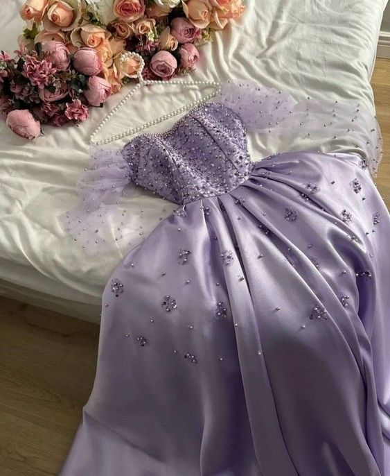 Vintage A line Sweetheart Pearls Long Sleeves Lilac Prom Dress Evening Dresses fg6825
