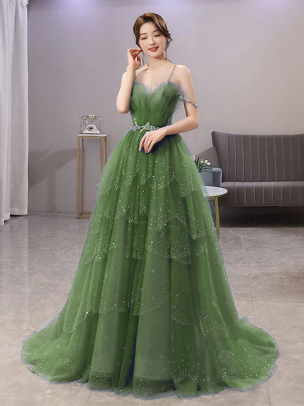 Blue Gorgeous Spaghetti Straps Tiered Tulle Prom Dress, Sparkly Dress With Beading fg4000