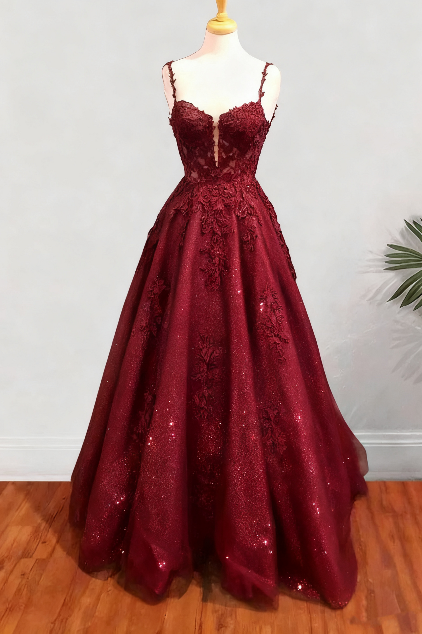 A-line Spaghetti Straps Long/Floor-Length Tulle Prom Dress With Beading Glitter Appliqued fg6754