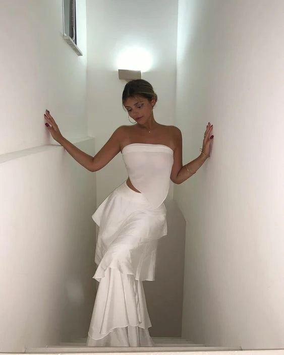 Elegant Two Pieces Strapless Long White Tiered Prom Dress Birthday Outfits fg7164