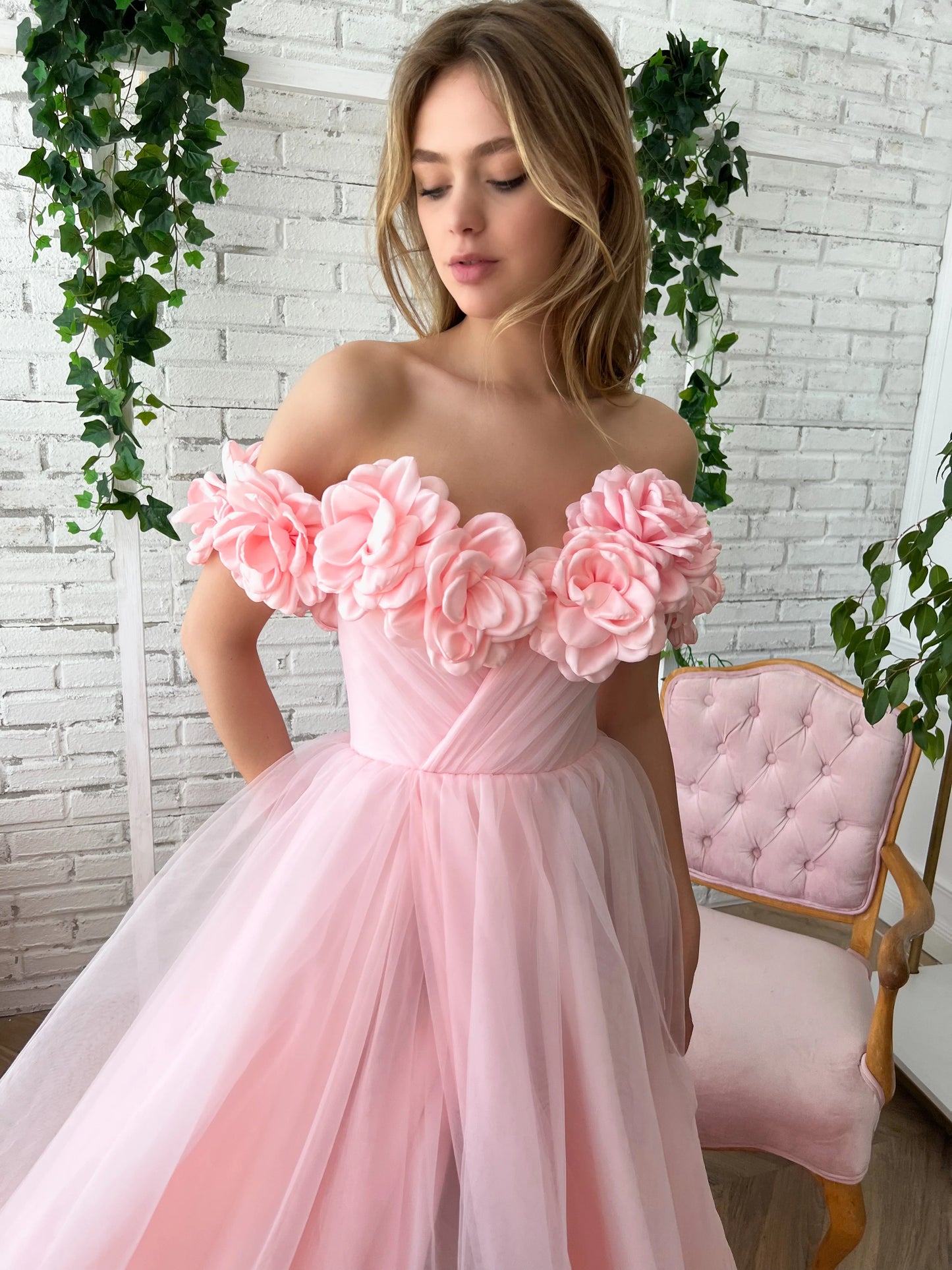 Pink Floral Prom Dresses, Off The Shoulder Evening Gown, Tulle Long Prom Dress fg4679