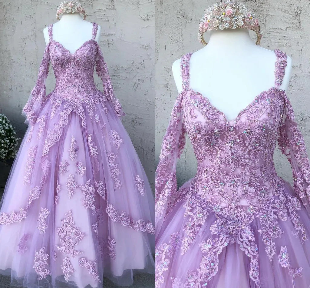 Long Sleeve Quinceanera Dress Prom Ball Gowns Lace Applique Beaded Cold Shoulder Corset Back Prom Sweet 16 Dress fg4071