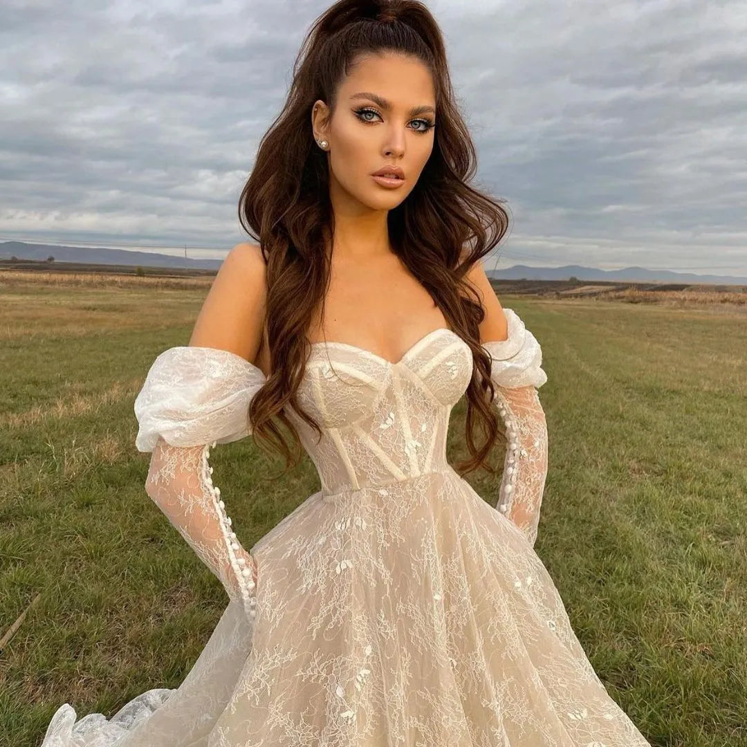 Stunning Lace Long Sleeves Wedding Dresses Off The Shoulder Sweetheart Neck A Line Bridal Gowns fg4044
