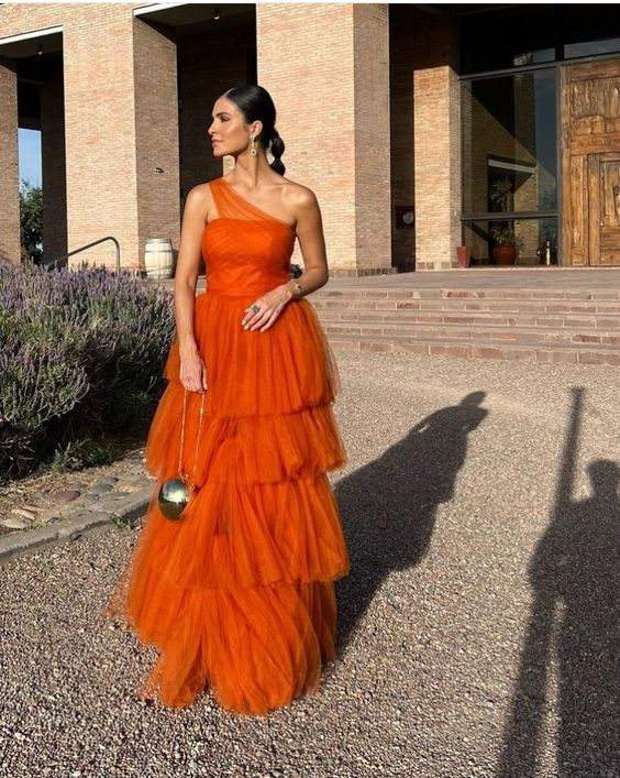 Orange Layers Tulle Long A Line Prom Dress Evening Dresses fg3214