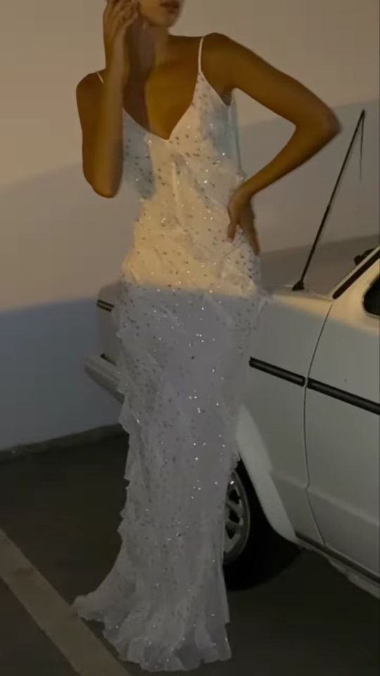 Modest V Neckline White Long Prom Dresses Evening Gown fg3177