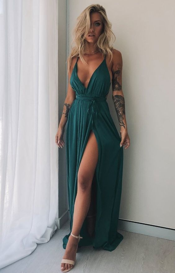 Sexy grünes V-Ausschnitt Etuikleid lang in voller Länge Abendkleid Partykleid Ballkleid fg2930