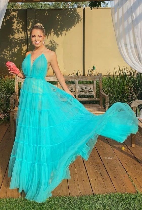 A-line Spaghetti Straps V-neck Tulle Long Formal Evening Dress fg3009