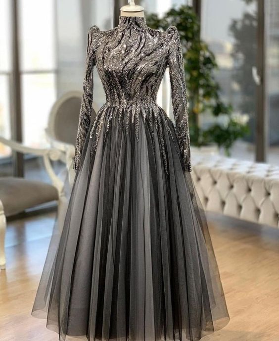 Black prom dresses high neck long sleeve a line evening dresses fg2919