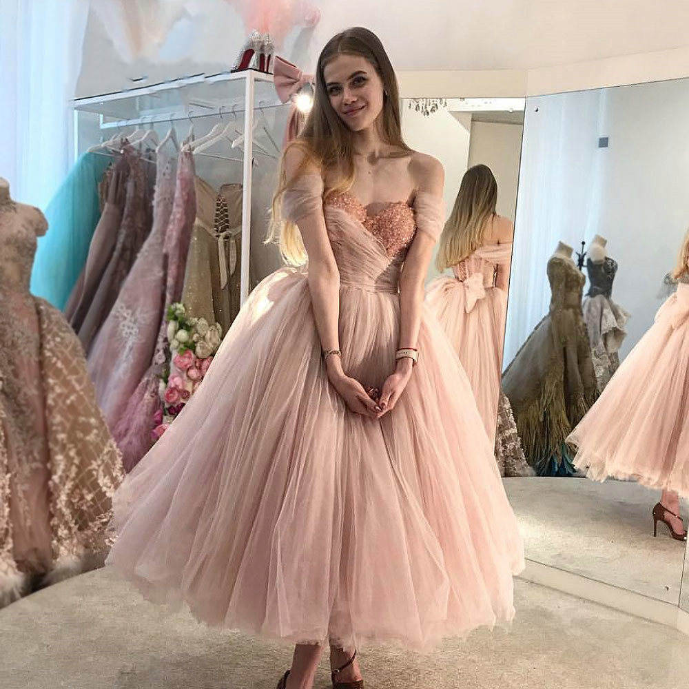 Off the Shoulder Pink Beaded Long Prom Dress fg2983