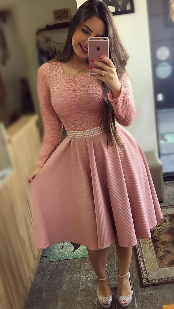 Cute Short Long Sleeves Pink Homecoming Dresses fg1904