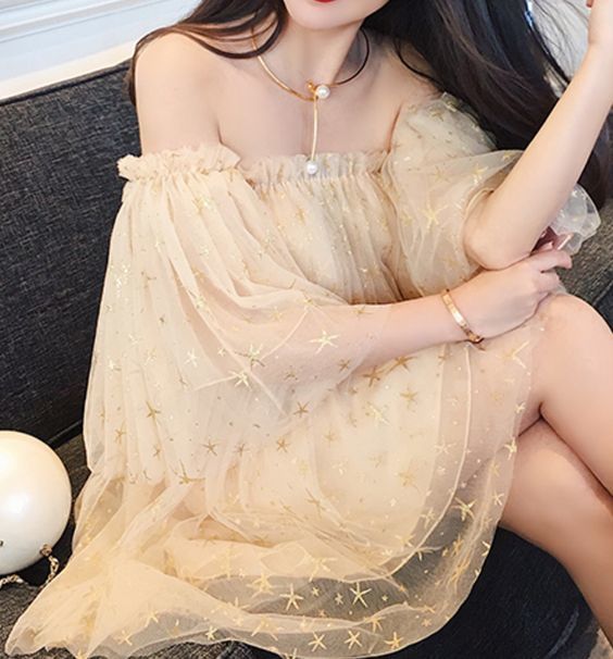 Sparkling Stars-Print Off-Shoulder Bell-Sleeve Fine-Mesh Mini Dress fg1646