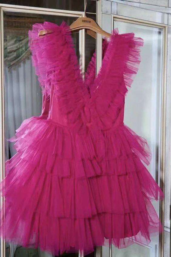 Hot Pink Short Homecoming Dress, Tiered Tulle Mini Prom Party Dress fg1841