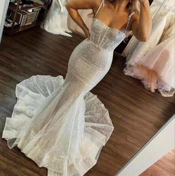 Sexy Ivory Sequins Mermaid Prom Dresses Long Wedding Dresses fg2400
