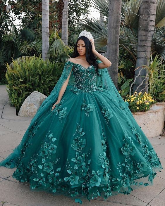 Emerald Green Ball Gown Quinceanera Dresses With Cape Appliques Beads Sweet16 Dress fg1462