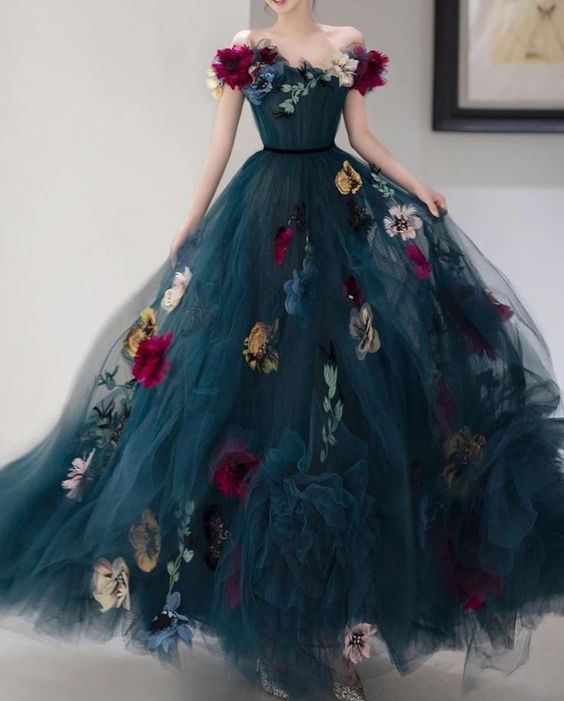 Long Tulle Flowers Prom Dresses Formal Evening Dress fg1678