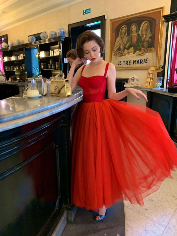 red tulle gown, newest prom dresses, party dresses, affordable prom dresses fg1985