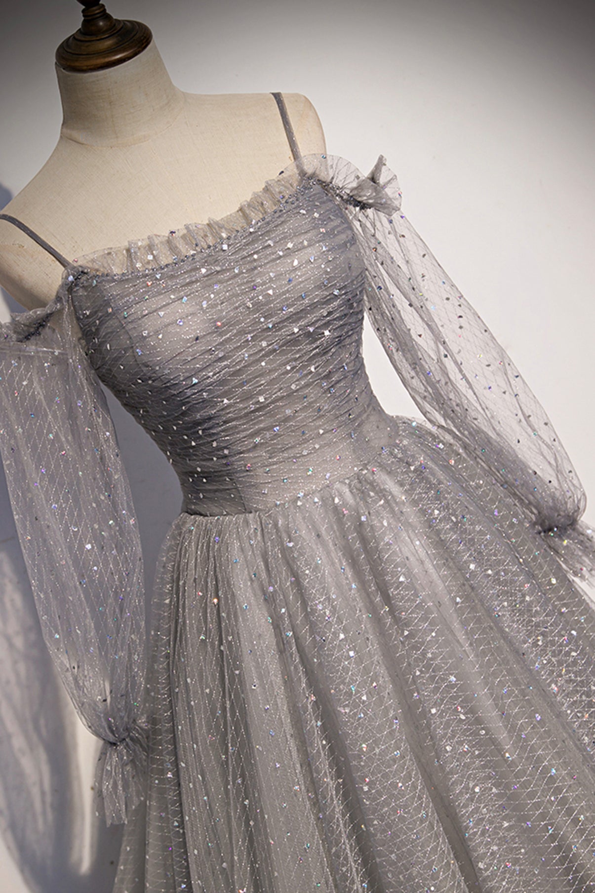 GRAY TULLE SEQUINS LONG A LINE PROM DRESS EVENING DRESS fg2251