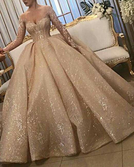 Champagne tulle sequin long prom dress, ball gown evening dress fg2390