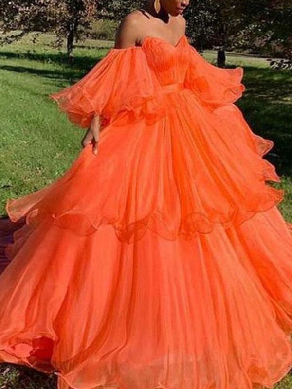 A-Line/Princess Off-the-Shoulder Tulle Layers Long Sleeves Prom Dress fg1796