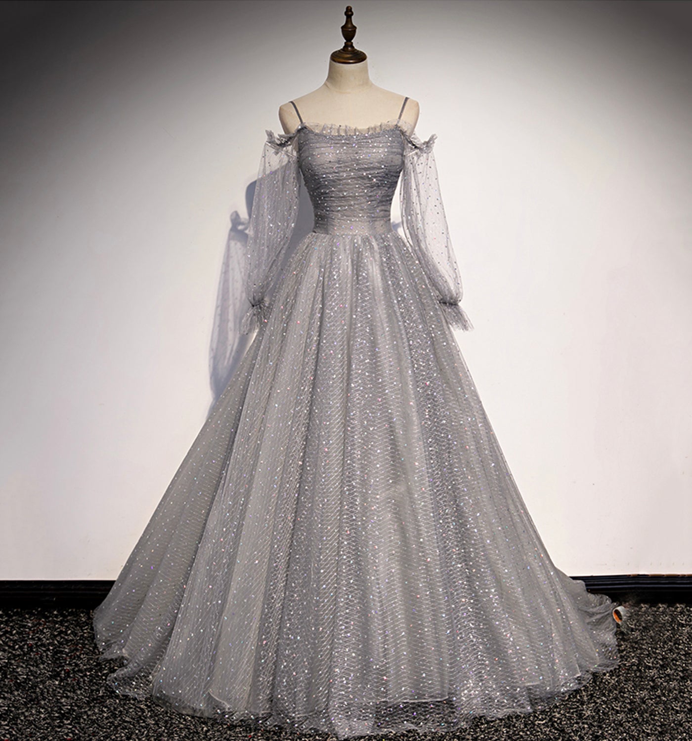 GRAY TULLE SEQUINS LONG A LINE PROM DRESS EVENING DRESS fg2251