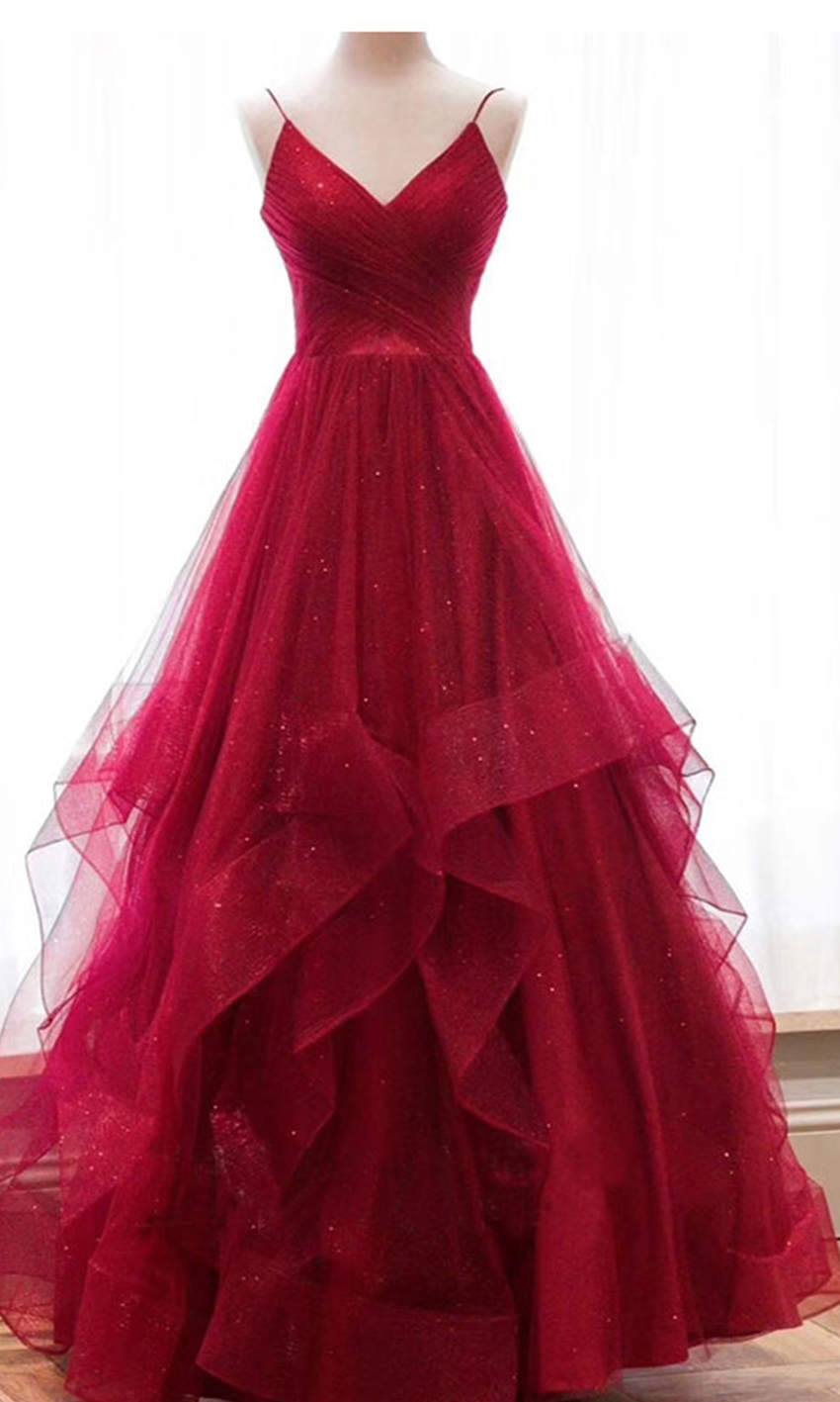A Line Spaghetti Straps Sparkly Red Tulle Prom Dresses fg3088