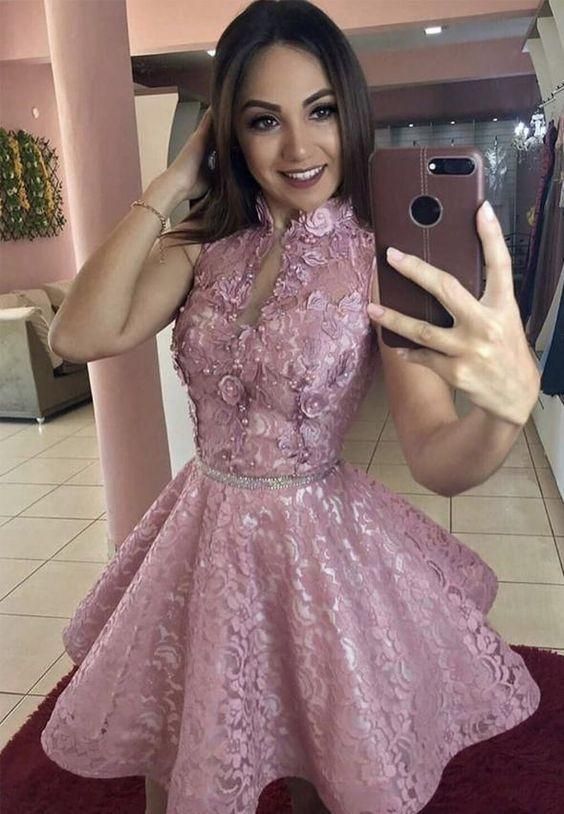 Pink lace short homecoming dress fg1070