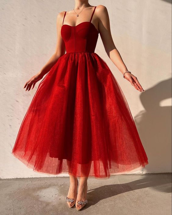 Red A Line Elegant Tulle Prom Dress Ankle Length Formal Evening Dress fg1982