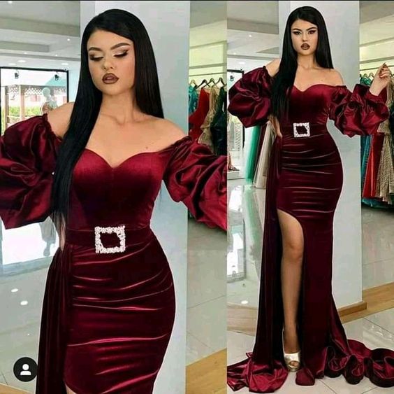 Burgundy Split Front Velvet Prom Evening Party Dress fg1044