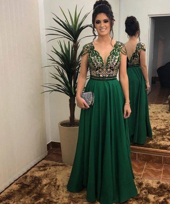 Green Floor-Length Prom Dress with Lace fg1435