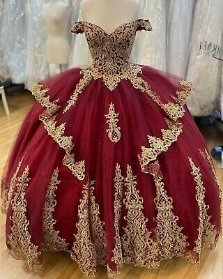 Burgundy Gold Quinceanera Dresses Glitter Tulle Ball Gown Off Shoulder Sweet 16 fg2378