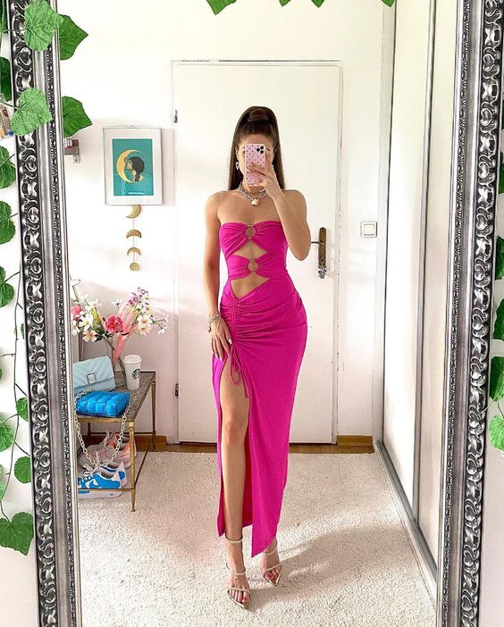 Modest Hot Pink Long Prom Dresses with High Slit,Evening Party Dresses fg1420