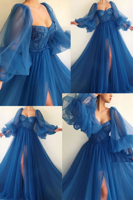 Puff Sleeve Prom Dresses tulle prom dress,evening dress long formal gown fg2119