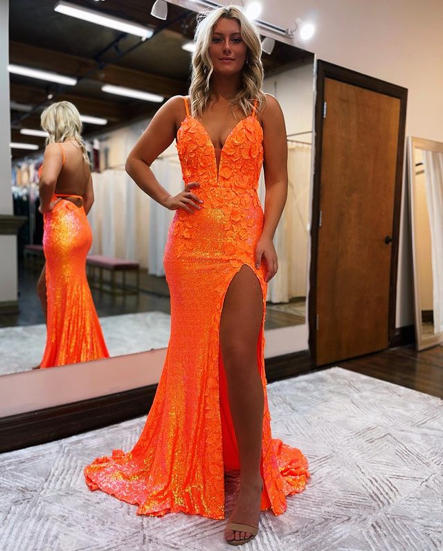 Fashion Mermaid V Neck Orange Sequins Long Prom Dresses with Slit fg1259