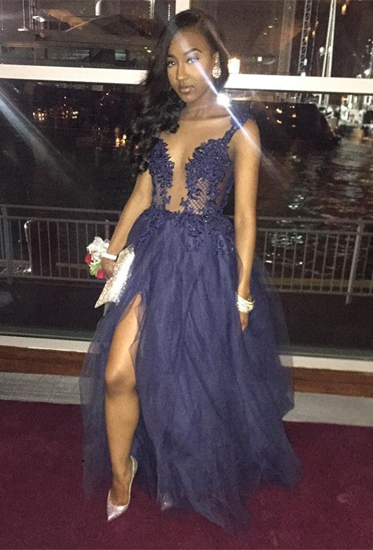 Slit Lace Tulle V-Neck Sexy A-Line Prom Dress fg1522